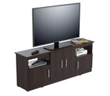 63" Dark Brown Wood And Metal Cabinet Enclosed Storage Mirrored TV Stand