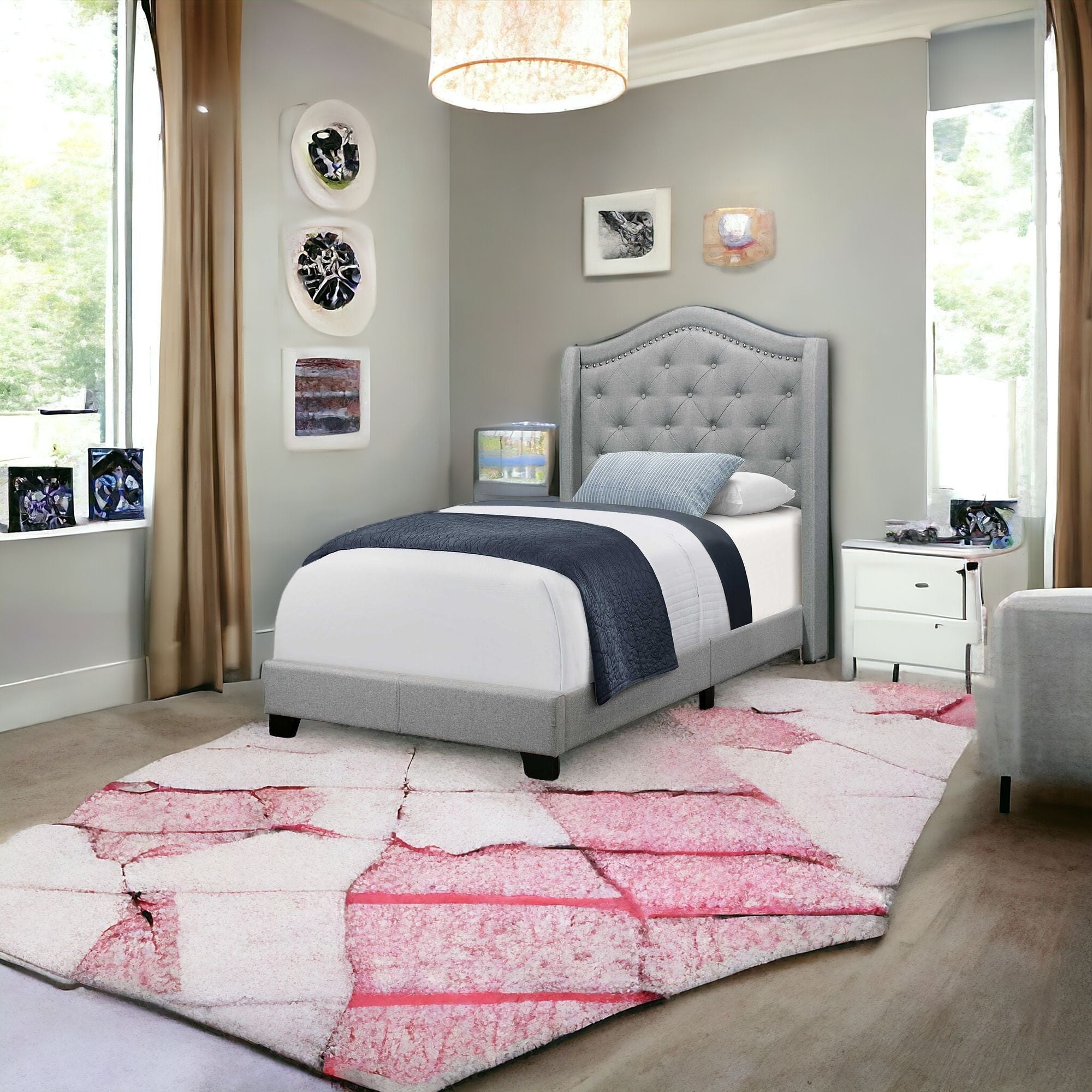Tufted Grey Standard Bed Upholstered With Nailhead Trim And With Headboard