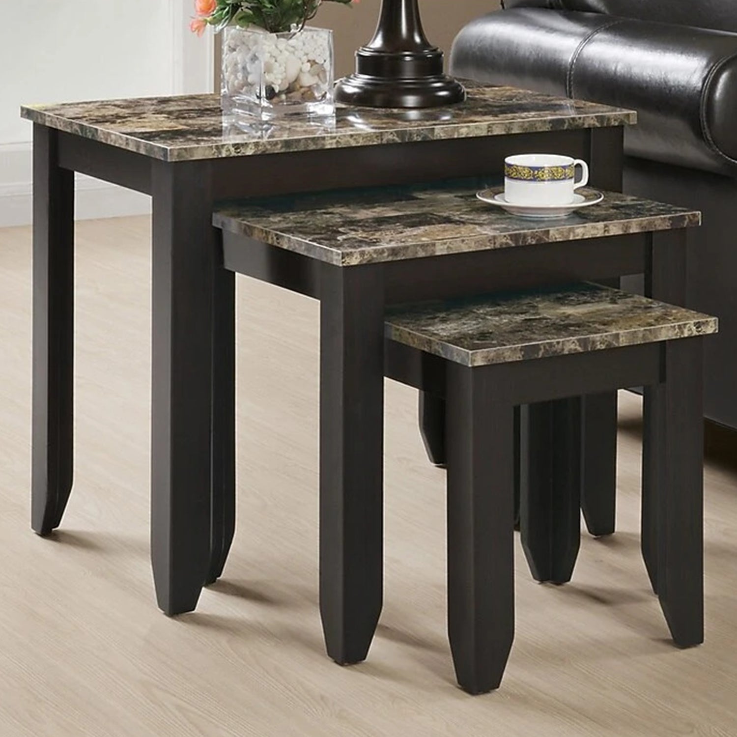 52" Dark Brown And Brown Faux Marble Nested Tables