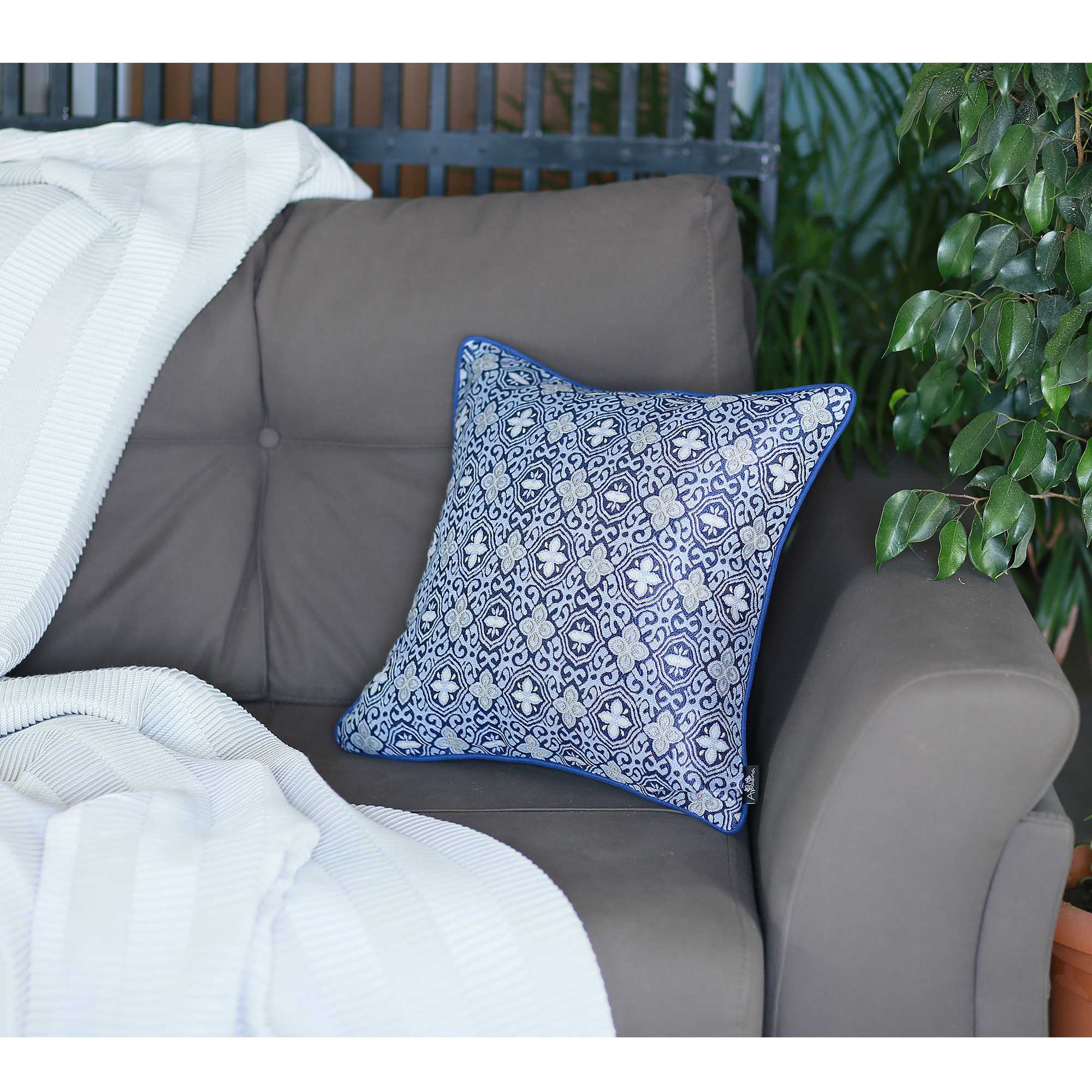 Blue Jacquard Medallion Decorative Throw Pillow Cover