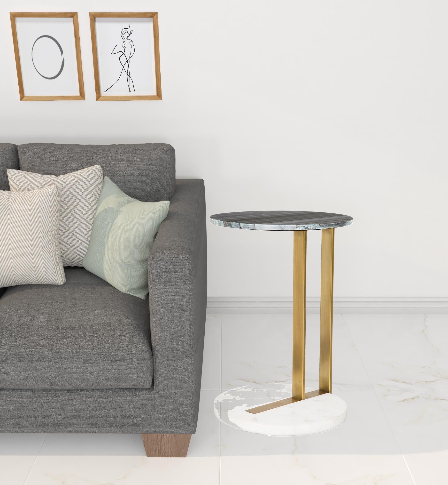 21" Gold And Black Genuine Marble Look Round End Table