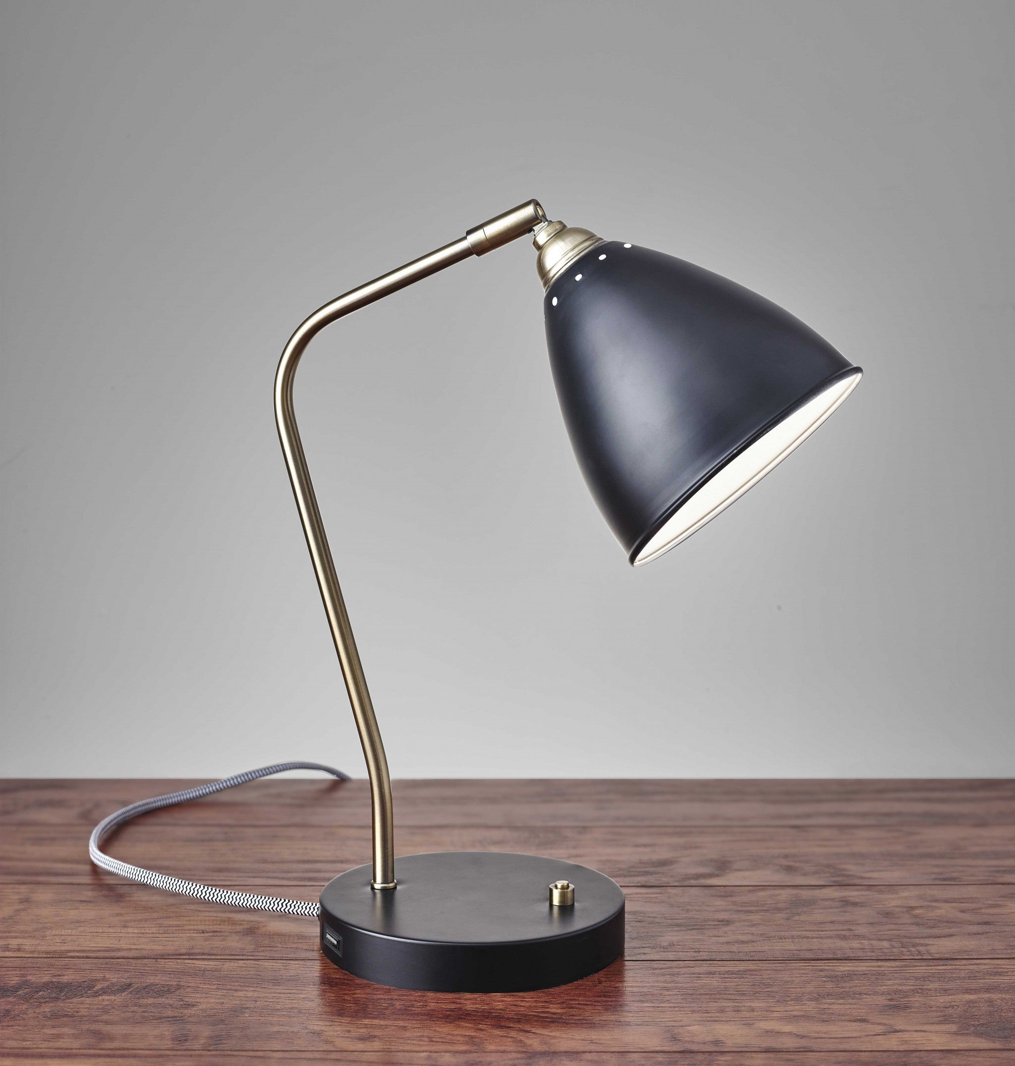 White Metal And Antique Brass Adjustable Usb Port Desk Lamp