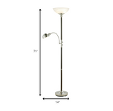 Two Light Combo Floor Lamp Wood Brushed Steel Torchiere With Frosted Glass Dome Shade And Reading Light With Brushed Steel Dome Shade