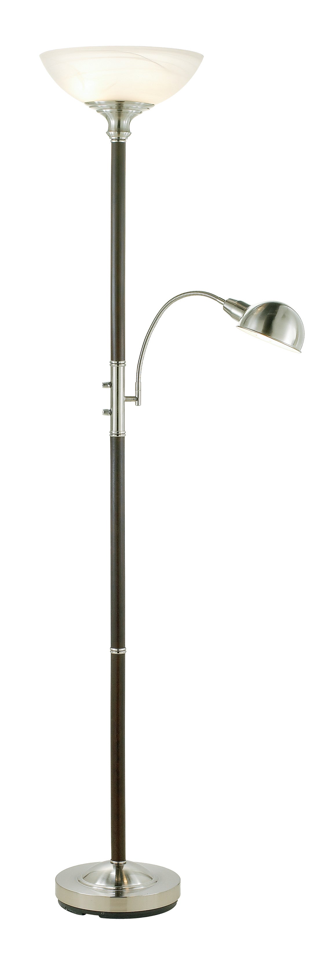 Two Light Combo Floor Lamp Wood Brushed Steel Torchiere With Frosted Glass Dome Shade And Reading Light With Brushed Steel Dome Shade