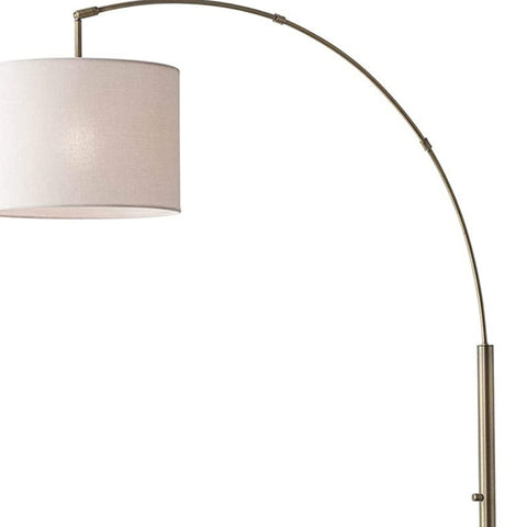 Reading Nook Floor Lamp Brushed Steel Arc Arm Adjustable Grey Fabric Shade