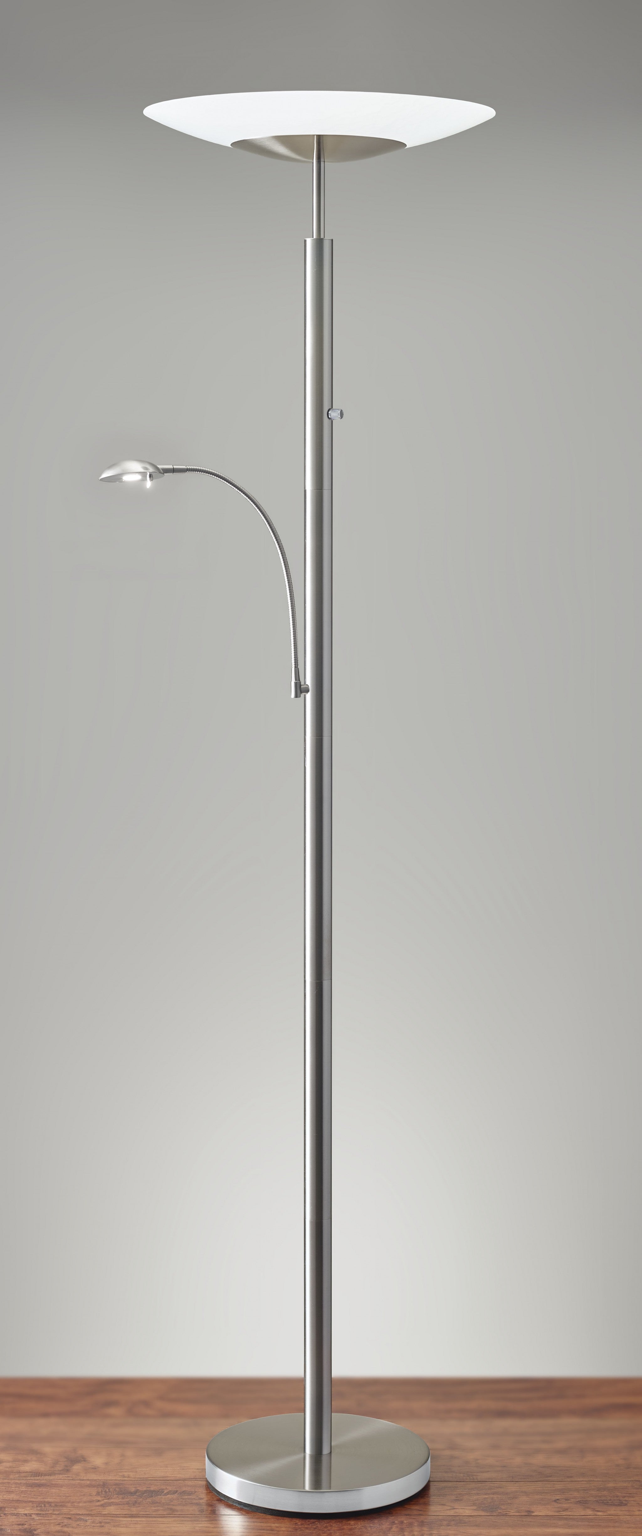 72" Steel Two Light Led Torchiere Floor Lamp With White Solid Color Cone Shade