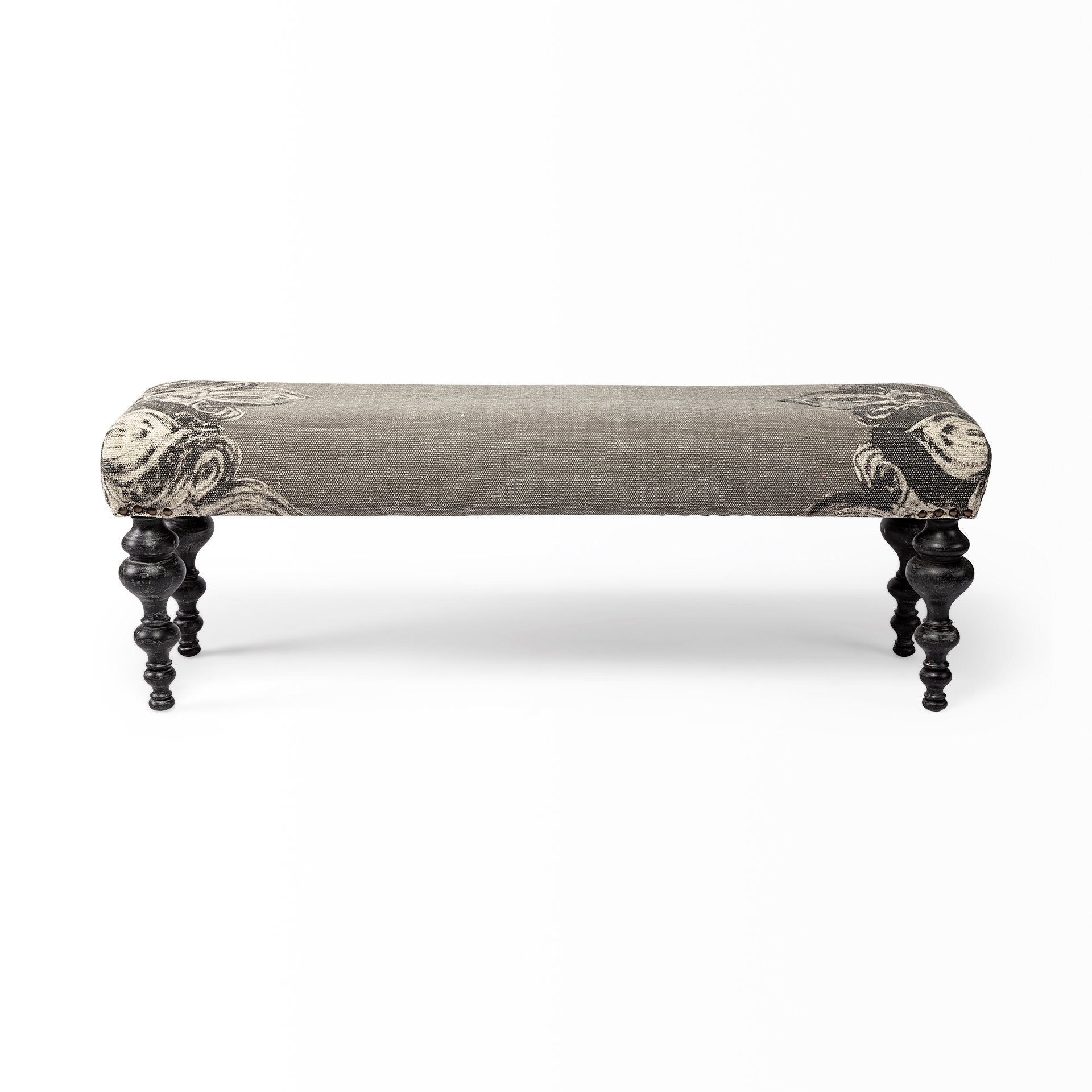 55" Gray and Black Upholstered Cotton Blend Floral Distressed Bench