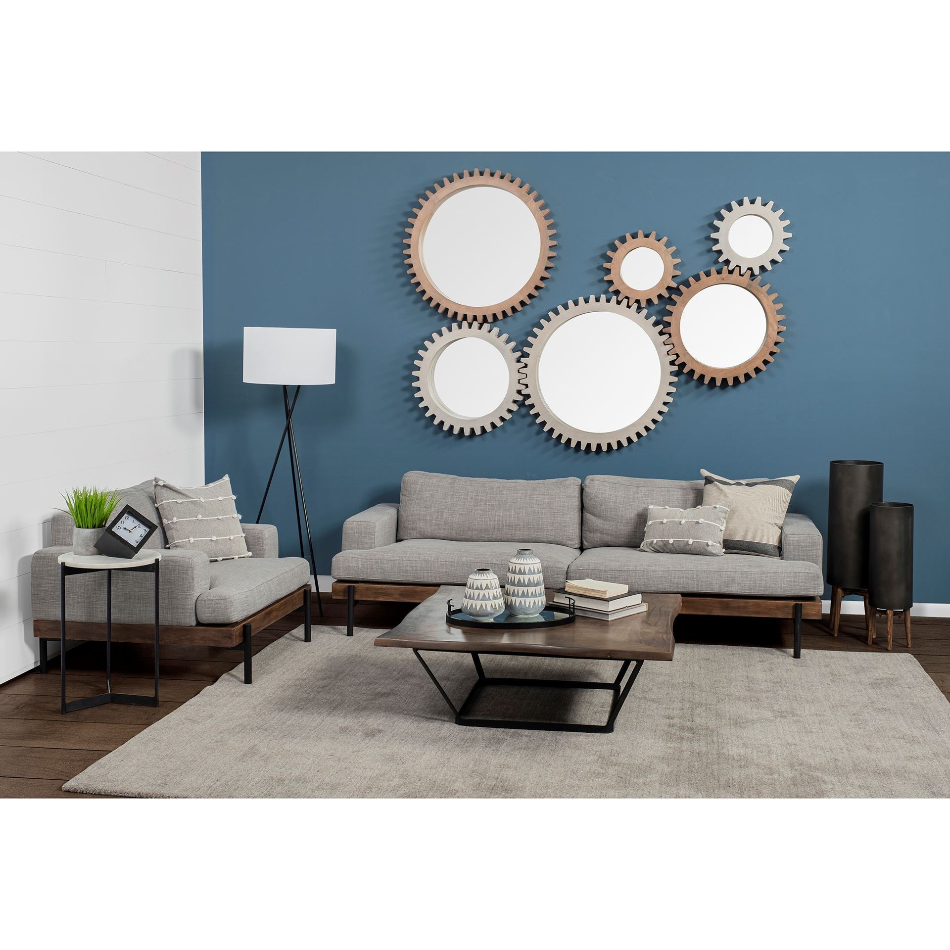 35" Round Brown Wood Frame Wall Mirror