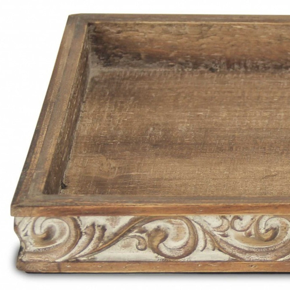 Distressed Finish Wood Tray With Side Carvings