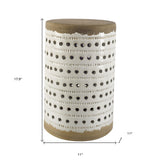 White Glazed Accent Table With Cylindrical Ceramic Tan Base