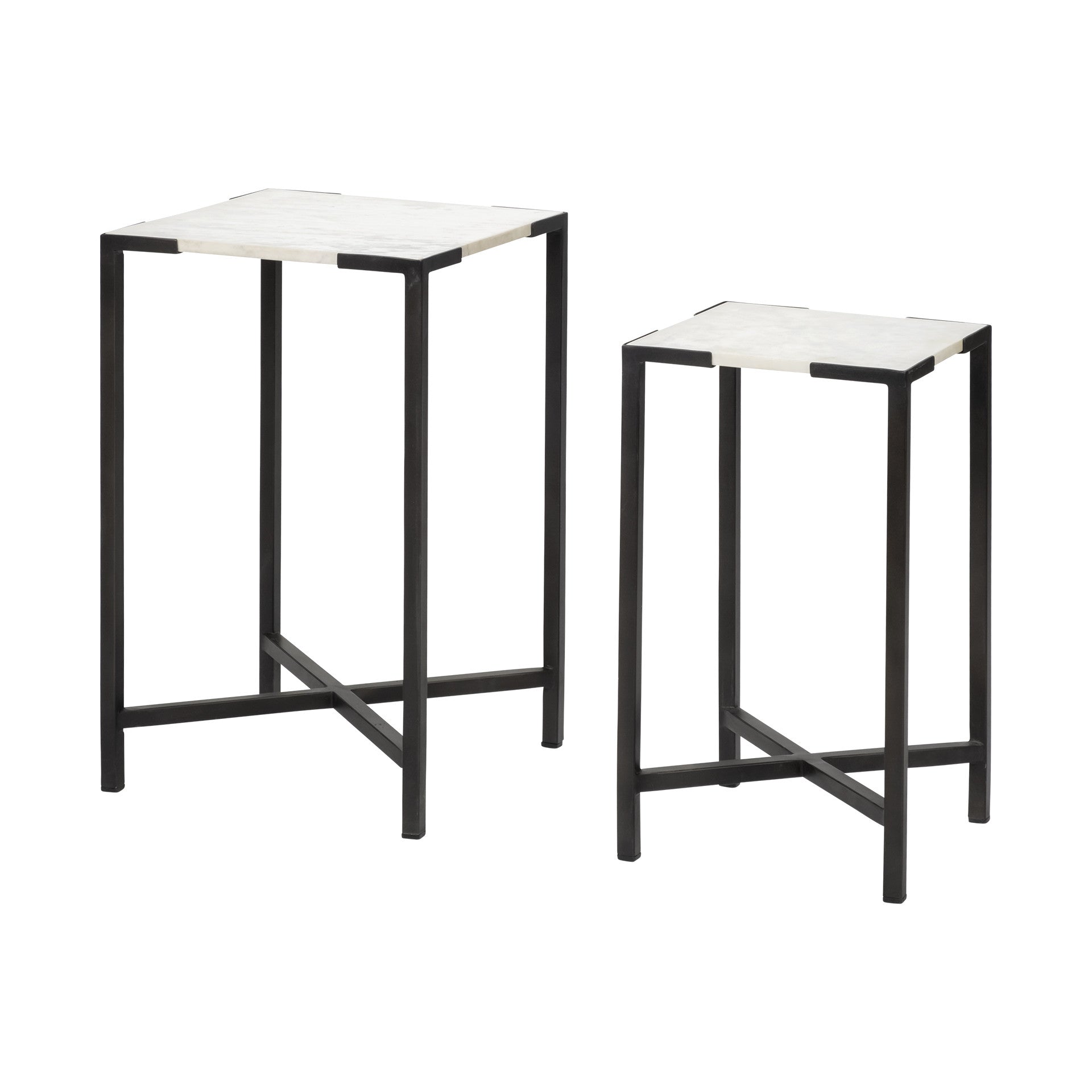Set Of 2 White Marble Square Top Accent Tables With Black Iron Frame
