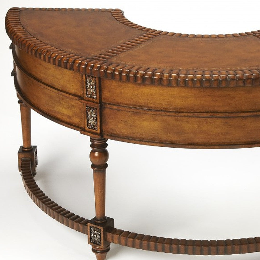 Hand Carved Leather Top Crescent Shape Desk