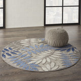 5' Round Blue And Gray Round Floral Indoor Outdoor Area Rug