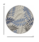 5' Round Blue And Gray Round Floral Indoor Outdoor Area Rug