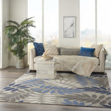 5' Round Blue And Gray Round Floral Indoor Outdoor Area Rug