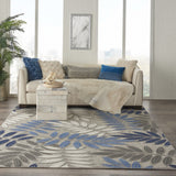 5' Round Blue And Gray Round Floral Indoor Outdoor Area Rug