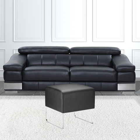 18" Black Faux Leather And Silver Ottoman