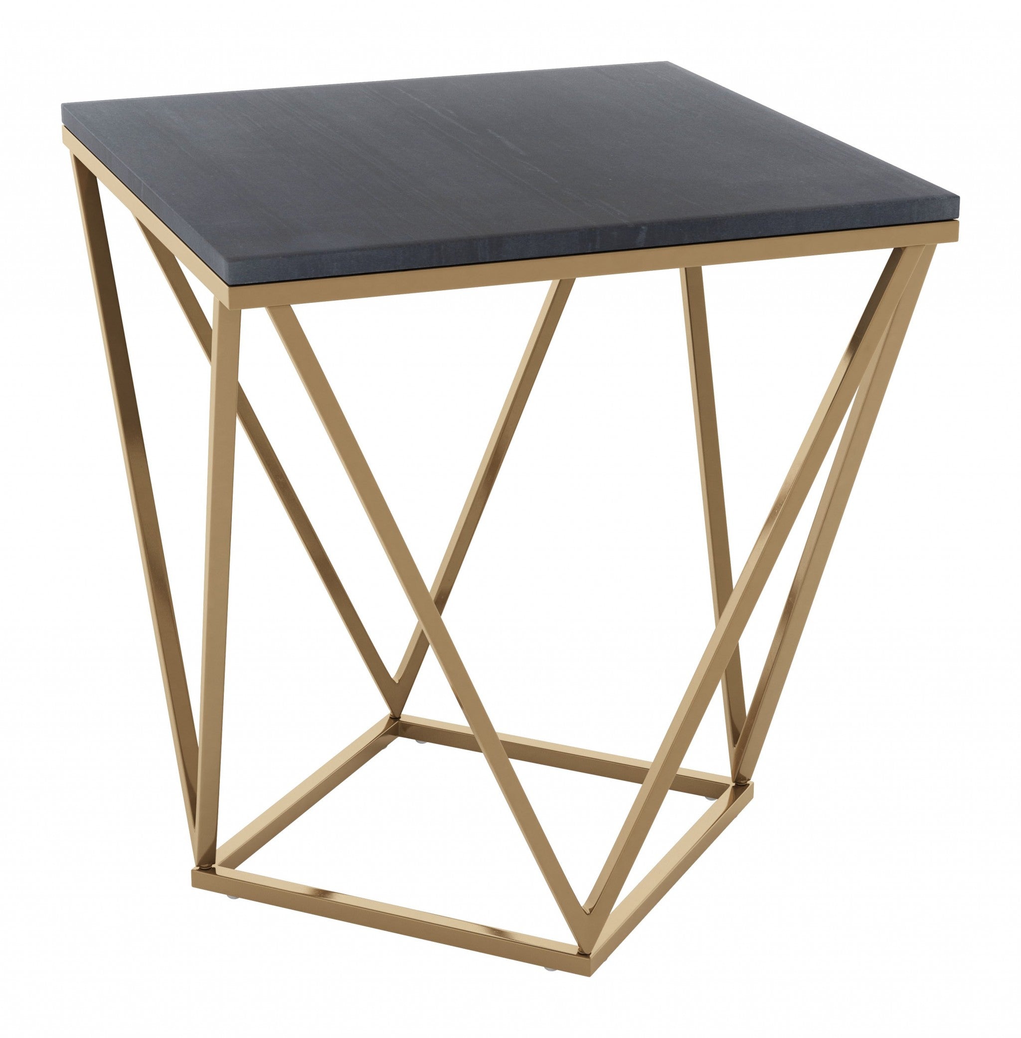 22" Black Marble and Gold Geo Side Table