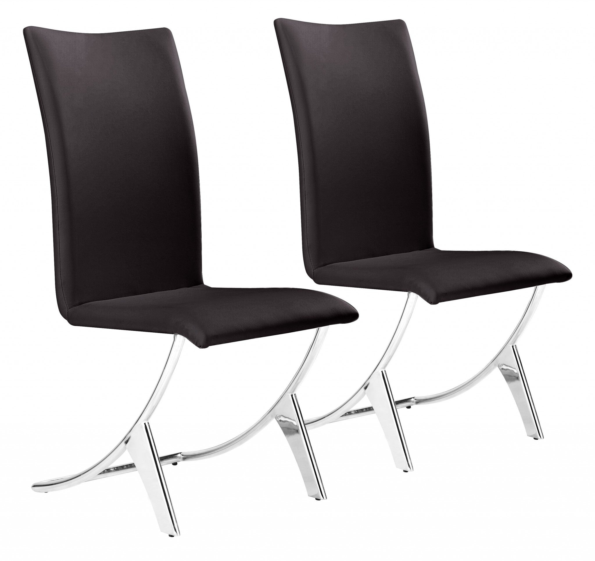 Set of Two Contempo Slim Brown Faux Leather and Stainless Dining Chairs