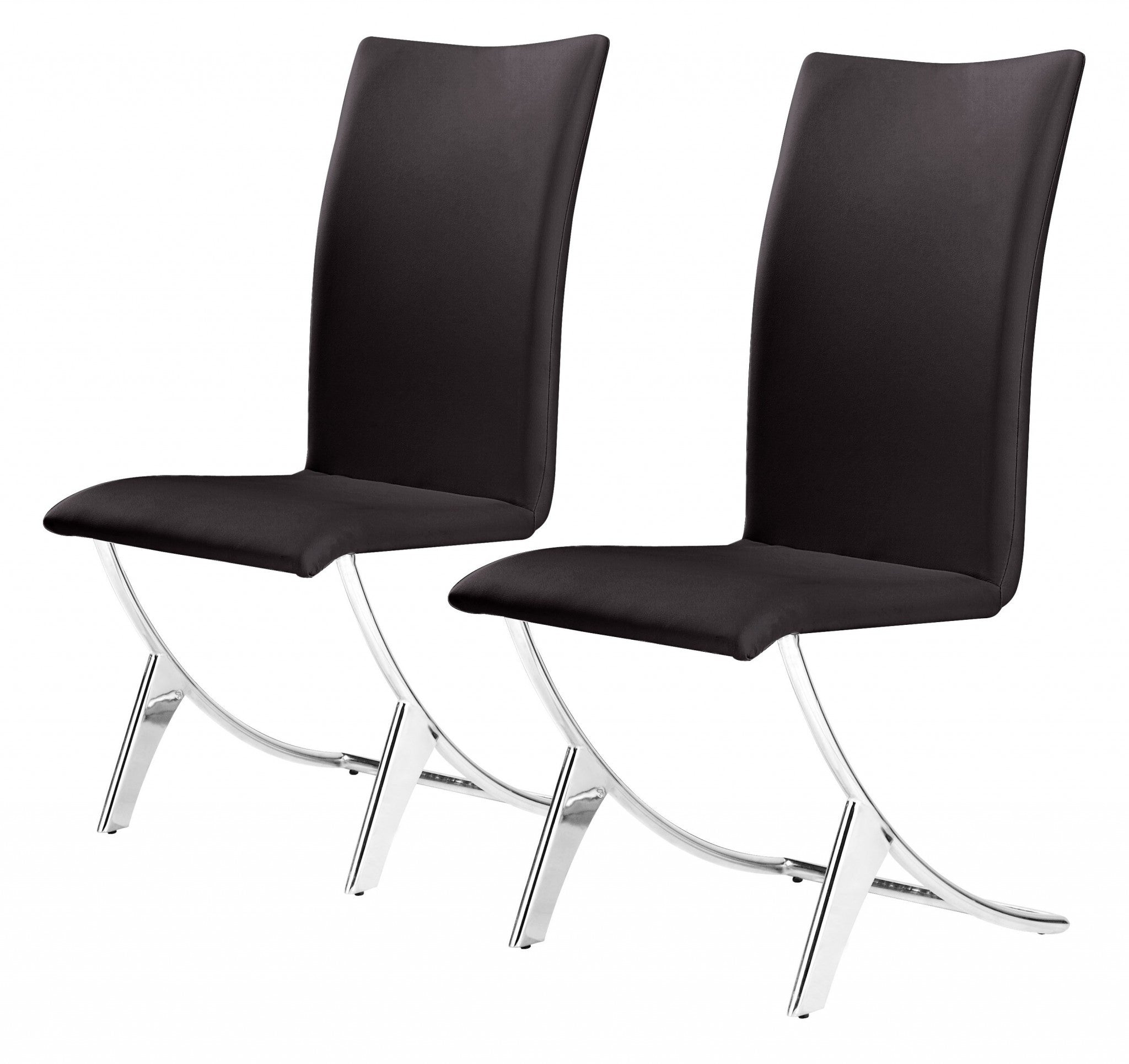 Set of Two Contempo Slim Brown Faux Leather and Stainless Dining Chairs