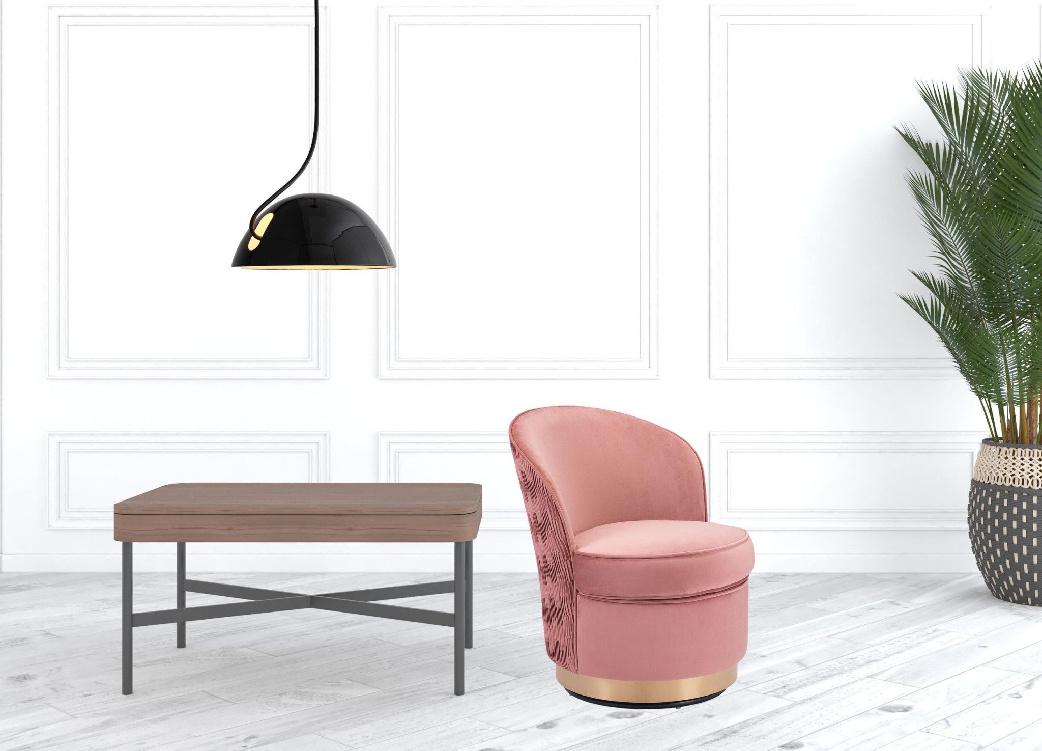 23" Pink Velvet And Gold Swivel Side Chair