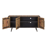 63" Wood Brown Recycled Boat Wood And Iron Cabinet Enclosed Storage TV Stand