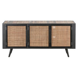 Rustic Black Natural and Rattan Media Cabinet with Three Doors