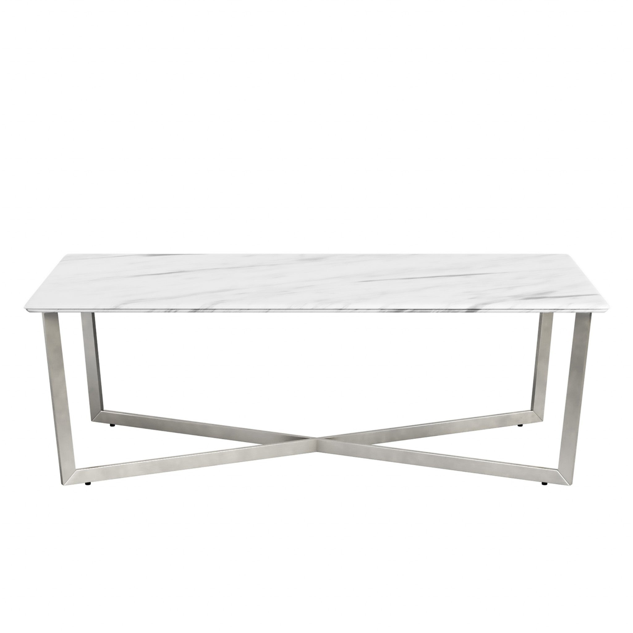 47" Silver And White Manufactured Wood And Metal Rectangular Coffee Table