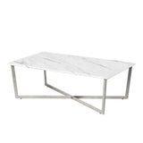 47" Silver And White Manufactured Wood And Metal Rectangular Coffee Table