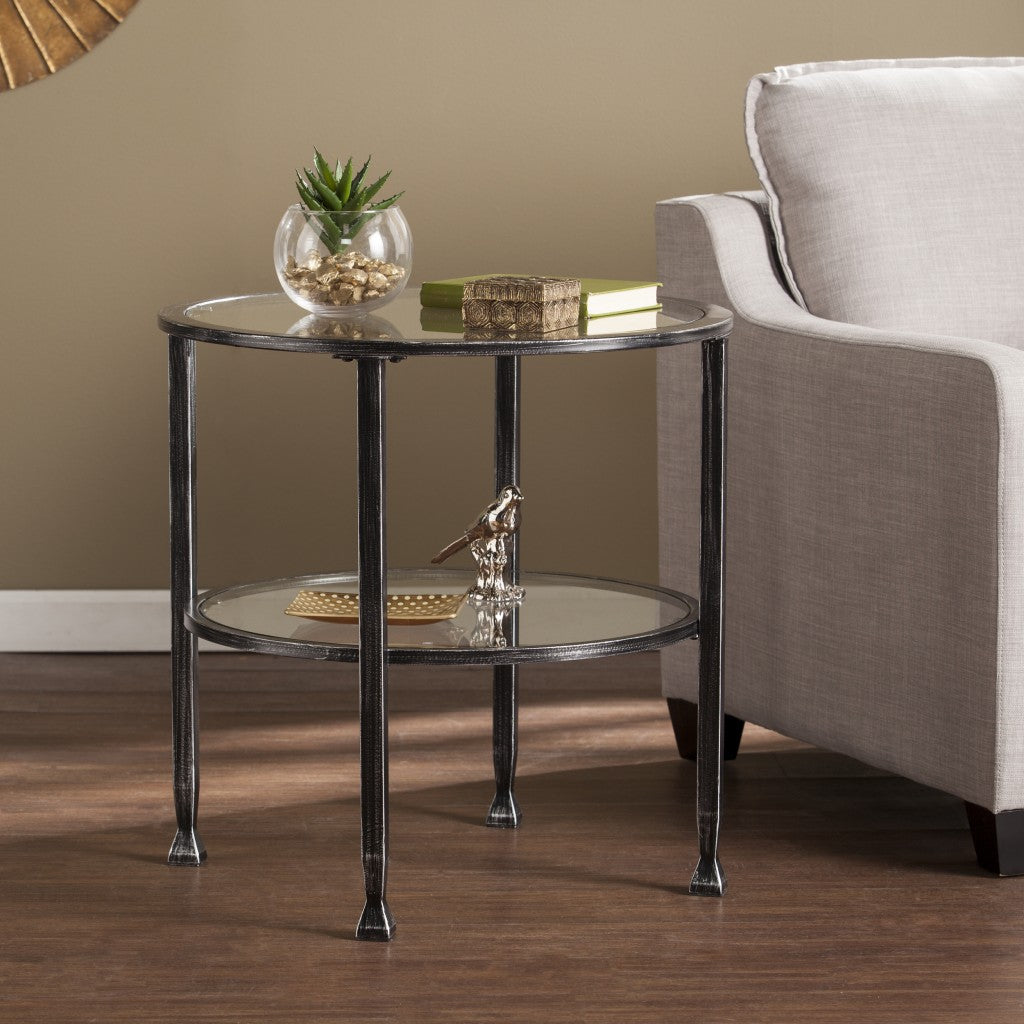 24" Black Glass And Iron Round End Table