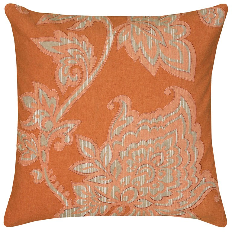 18" Orange Beige Floral Silhouette Down Throw Pillow