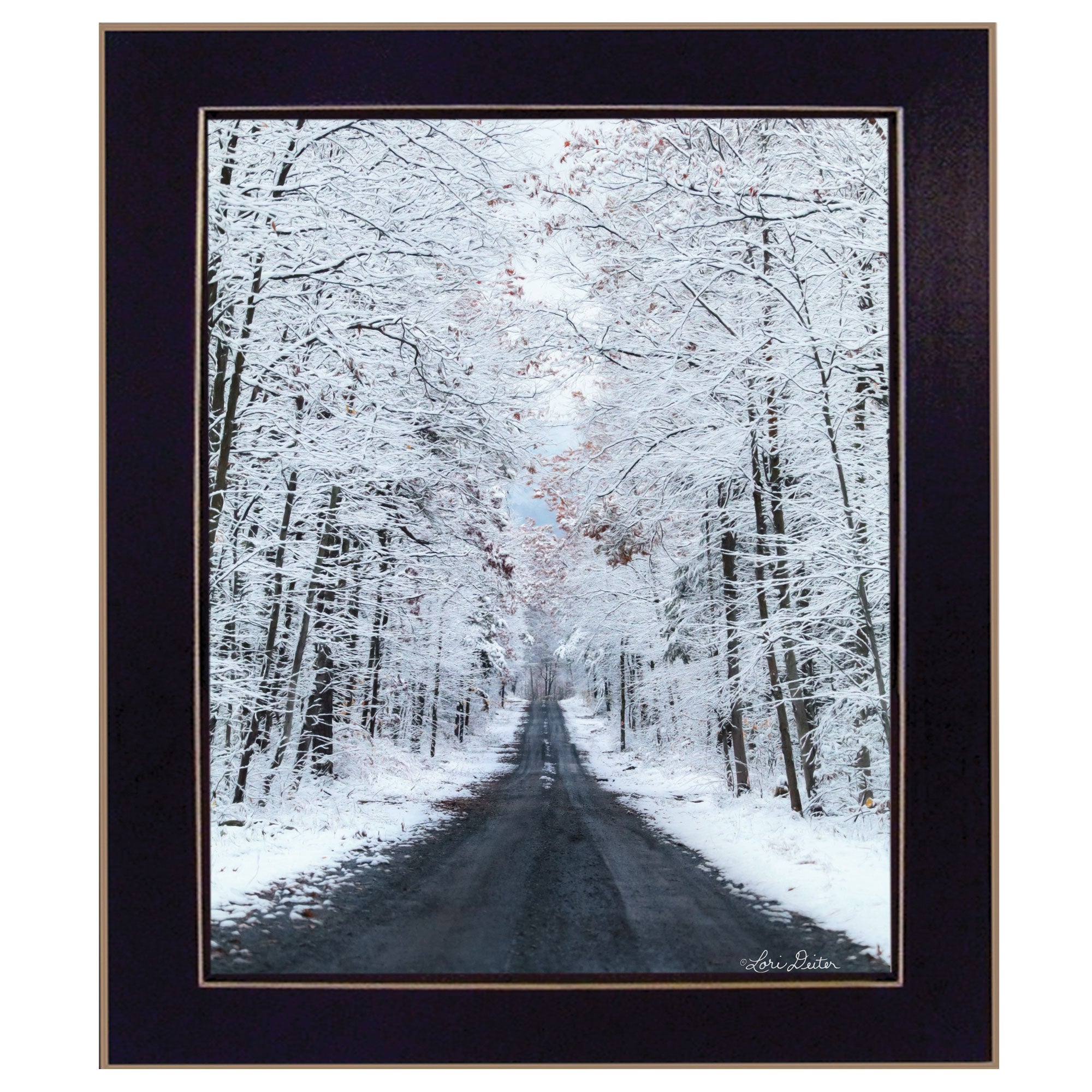 All Roads Lead Home Snowy Winter Lane Black Framed Print Wall Art