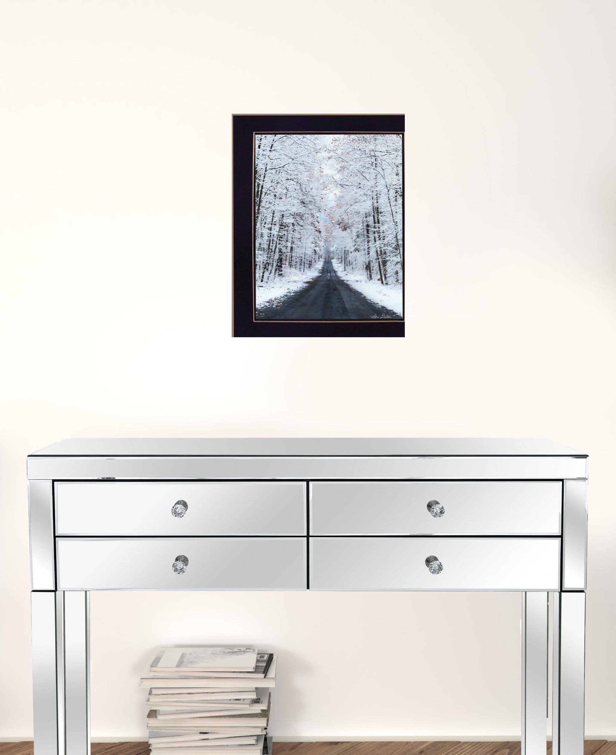 All Roads Lead Home Snowy Winter Lane Black Framed Print Wall Art