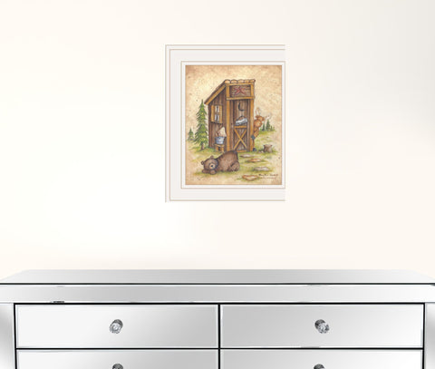 Still Waiting Bear and Moose Bathroom White Framed Print Wall Art