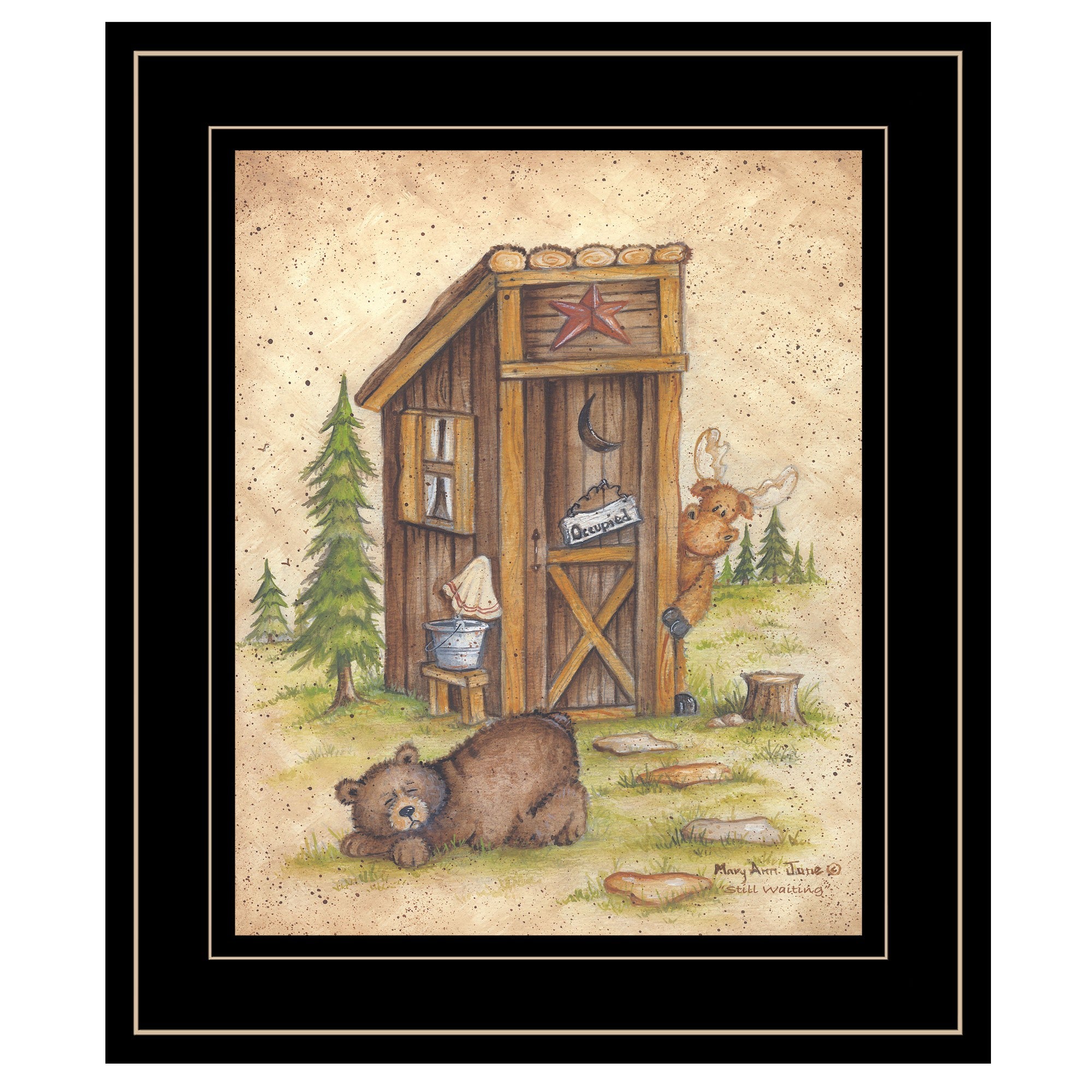 Still Waiting Bear and Moose Black Framed Print Bathroom Wall Art