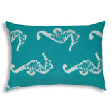 14" X 20" Turquoise And White Seahorse Blown Seam Lumbar Indoor Outdoor Pillow