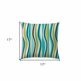 17" X 17" Aqua And Olive Blown Seam Striped Lumbar Indoor Outdoor Pillow
