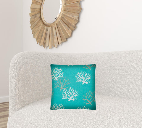 17" X 17" Aqua And White Corals Zippered Coastal Throw Indoor Outdoor Pillow