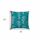 20" X 20" Turquoise And White Seahorse Blown Seam Coastal Throw Indoor Outdoor Pillow