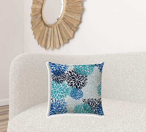20" X 20" Blue And White Blown Seam Floral Throw Indoor Outdoor Pillow