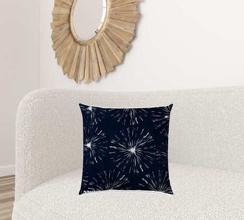 20" X 20" Navy Blue And White Blown Seam Floral Throw Indoor Outdoor Pillow