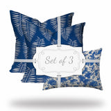 Set of Three 20" X 20" Blue and White Coastal Indoor Outdoor Throw Pillow