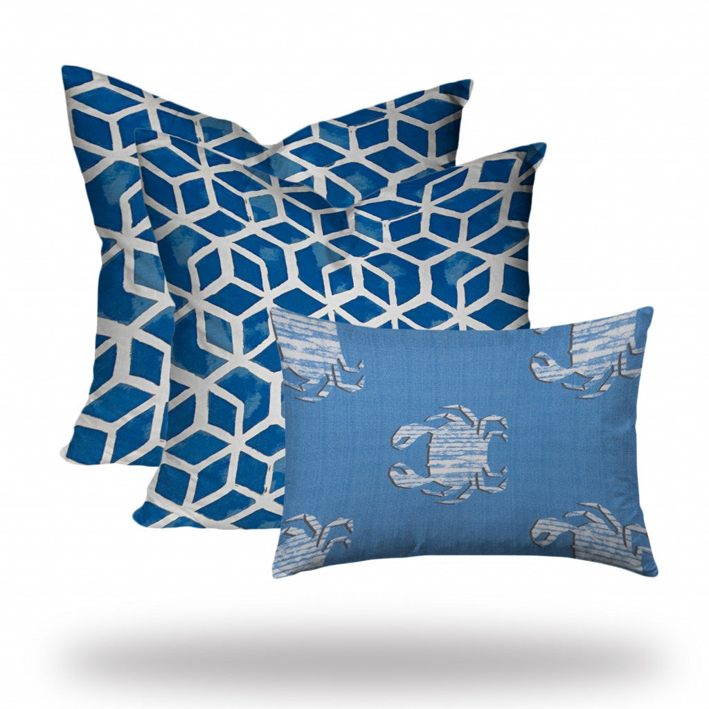 Set Of Three 20" X 20" Blue And White Blown Seam Geometric Throw Indoor Outdoor Pillow