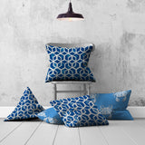 Set Of Three 20" X 20" Blue And White Blown Seam Geometric Throw Indoor Outdoor Pillow