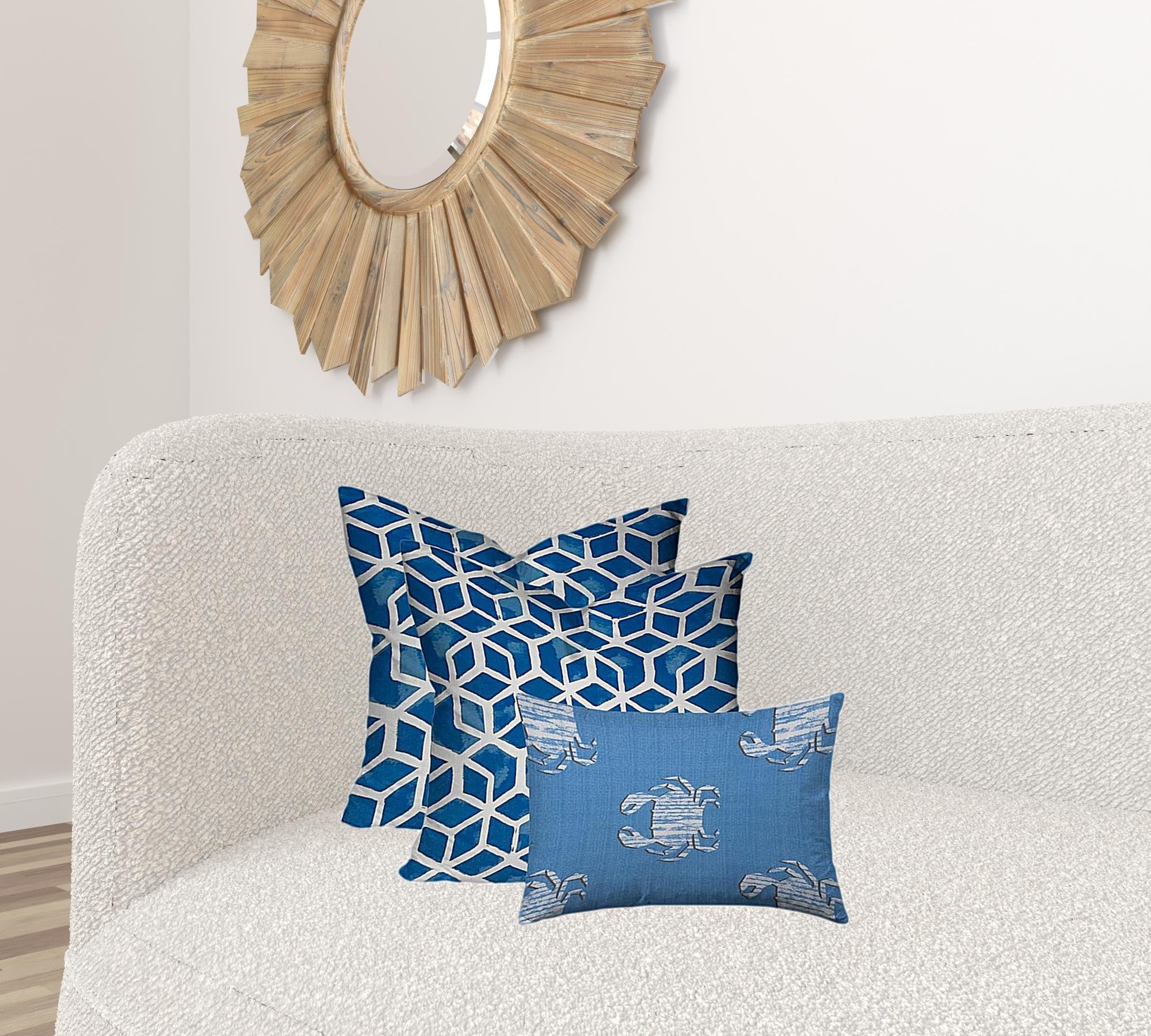 Set Of Three 20" X 20" Blue And White Blown Seam Geometric Throw Indoor Outdoor Pillow