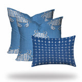 Set Of Three 20" X 20" Blue And White Crab Blown Seam Coastal Throw Indoor Outdoor Pillow