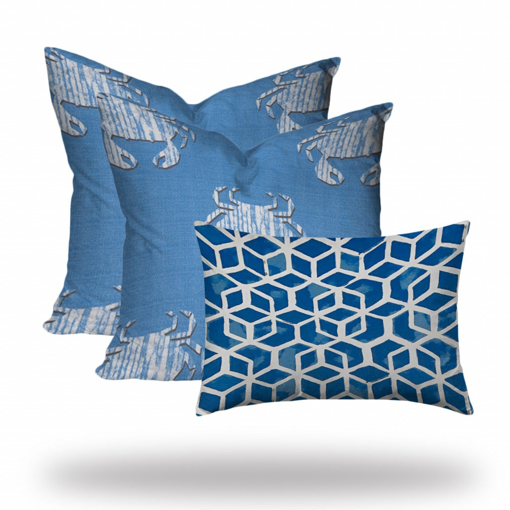 Set Of Three 20" X 20" Blue And White Crab Blown Seam Coastal Throw Indoor Outdoor Pillow