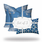 Set Of Three 20" X 20" Blue And White Crab Blown Seam Coastal Throw Indoor Outdoor Pillow