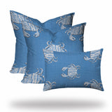 Set Of Three 20" X 20" Blue And White Crab Blown Seam Coastal Throw Indoor Outdoor Pillow