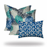 Set Of Three 20" X 20" Blue And White Zippered Floral Throw Indoor Outdoor Pillow Cover